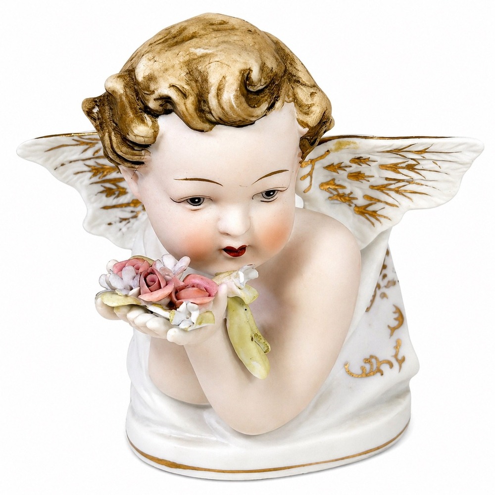 Vintage Lefton Japan Cherub Angel Figurine Flowers Gold Trim K1415